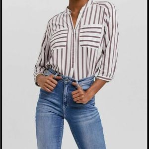 Striped Button Down Shirt - White and Brown